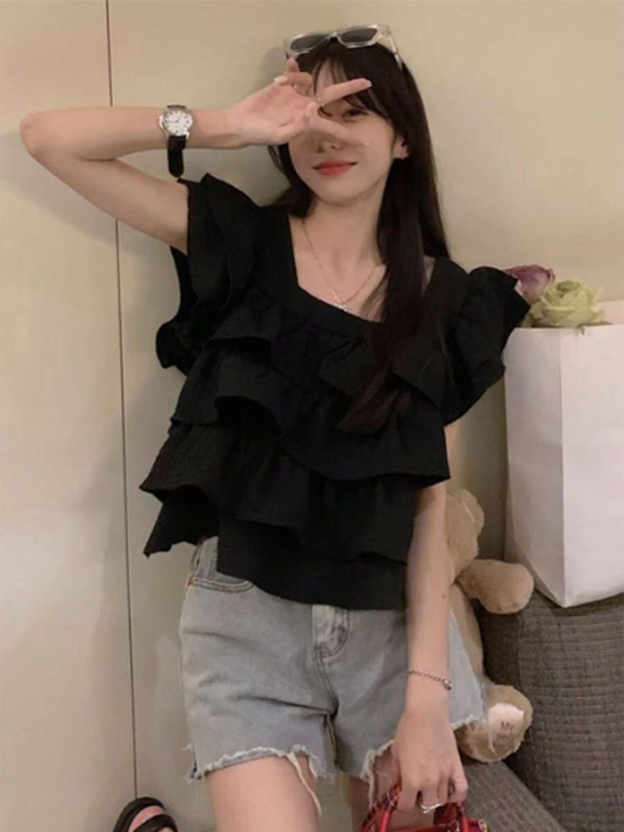 Blus Tanpa Lengan Kerah Ruffle Berlapis-lapis Warna Polos untuk Wanita, Warna Hitam, Cocok untuk Musim Panas - Hitam - View 1