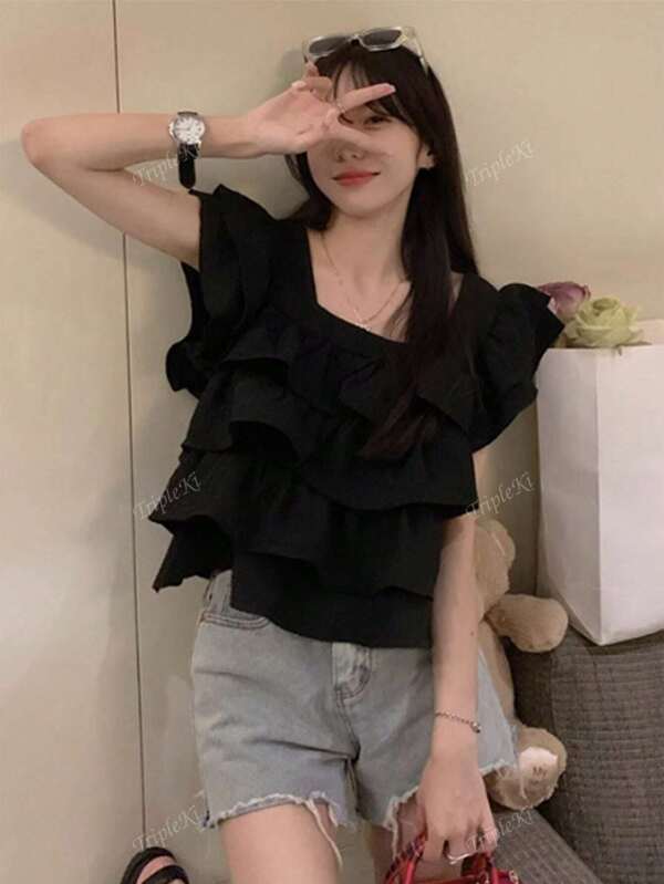 Women's Solid Color Multi-Layer Ruffle Collar Sleeveless Blouse