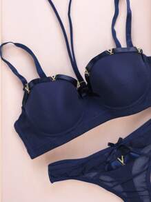 Beautiful Bra And Thong Set With Details In Mesh Fabric With Metal Appliqués, Sexy Lingerie, Various Colors, Comfortable And Of The Best Quality, Soft And Comfortable, To Show Off That Incredible Body. - 藍色 - 查看 2
