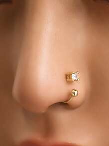 1件925纯银鼻环/鼻钉/唇环/耳夹/耳软骨环 - 單鑽+珠U型 - 查看 1