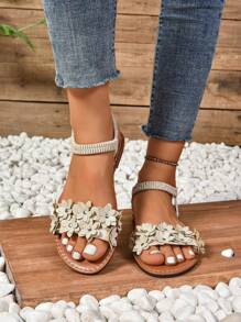 Women's Fashion Embroidered Comfortable Elastic Band Flat Beach Sandals, Plus Size,Spring Summer Outfits - Beige - View 4