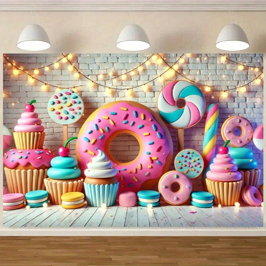 Fondo temático de dulces vibrantes con rosquilla gigante y cápsulas de magdalenas coloridas - Decoración de pared de poliéster para sala de estar, dormitorio, oficina, hogar | Excelente para fiesta, decoración al aire libre y festiva - Multicolor (multicolor) - Ver 1