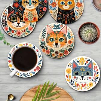 6pcs/Set Bohemian Style Wooden Cat Coasters, Decorative & Suitable For Coffee, Tea, Drinks - Ideal Choice For Home, Cafe, Housewarming, Perfect Gift For Parents, Friends