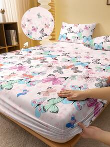 1pc Minimalist Modern Butterfly Print Washed Fitted Sheet, Bedroom Printed Bed Cover, Mattress Cover, Mattress Protector, Dust Cover, Bedding (Excluding Pillowcase) - Multicolor - View 1