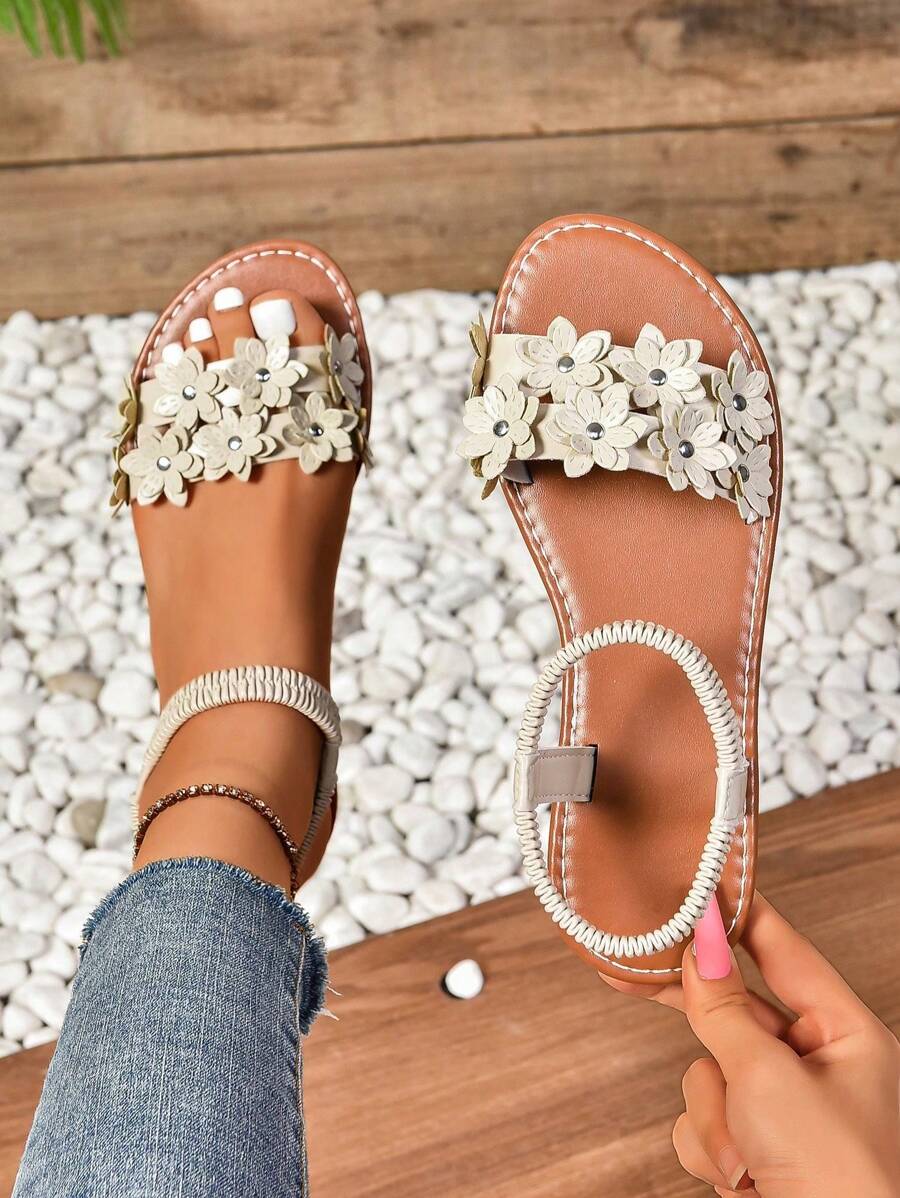 Women's Fashion Embroidered Comfortable Elastic Band Flat Beach Sandals, Plus Size,Spring Summer Outfits