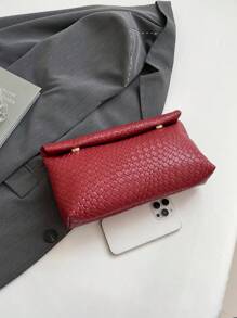 2025新款复古时尚编织图案方形包带翻盖开口，轻巧简约，小容量纯色手拿包。适合女性日常休闲、通勤和学生使用的钱包