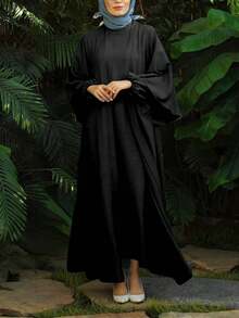2 pièces Robe d'abaya élégante et décontractée pour femmes, à manches longues, de couleur unie - Noir - Voir 3