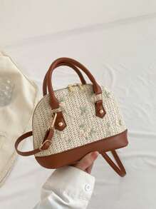 复古贝壳草编手提包，优雅网眼女士单肩包，主要材质 PU，配件草编和网眼