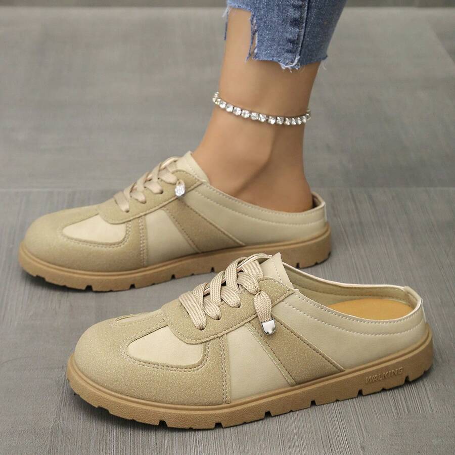 2025 年夏季新品女式软底钩环平底穆勒凉鞋，百搭封闭式鞋头一脚蹬 - 卡其色 - 查看 1