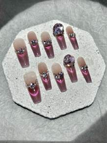 10PCS Gradient Pink Press On Nails Handmade Aurora Smile Cat Eye Diamond Fake Nail Patch Removable And Reusable Coffin Nails Press On Nails Long Nail Supplies (1 Sheets Jelly Stickers+1PC Nail File)