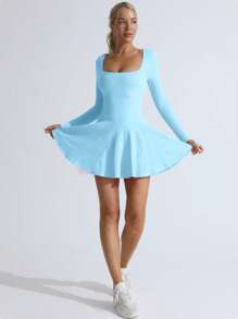 TCVC 女士无缝针织运动口袋连衣裙，纯色交叉露背设计，长袖方领网球裙，室内外运动瑜伽皆宜，亲肤面料，紧身塑形，春季穿着更显身材 - 淺藍色 - 查看 2