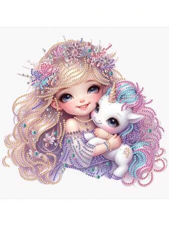 5D异形钻石画套装，适合初学者，成人粉彩女孩与独角兽钻石画套装，家居墙面装饰礼品，12英寸x12英寸/30厘米x30厘米