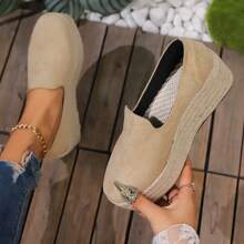 Cuñas de slip-on casuales para mujer - parte superior cubierta en beige con suela de paja, zapatos cómodos de suela gruesa, estilo europeo y americano de moda - Caqui - Ver 7