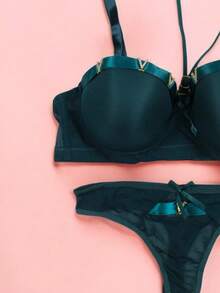 Beautiful Bra And Thong Set With Details In Mesh Fabric With Metal Appliqués, Sexy Lingerie, Various Colors, Comfortable And Of The Best Quality, Soft And Comfortable, To Show Off That Incredible Body. - 綠色 - 查看 3