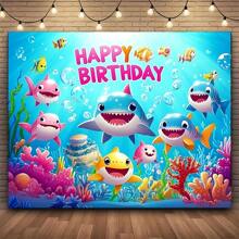 Décor mural thème anniversaire requins océan, design d'créatures sous-marines vives, pour décoration d'anniversaire et événements à thème - multicolore/multicolore) - Voir 1