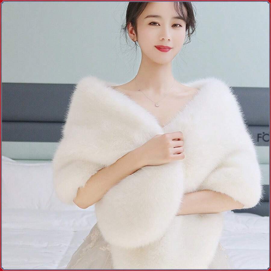1pc High Quality White Faux Fur Shawl - White - View 1