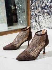 女士时尚夏季踝靴和短靴，尖头，细高跟，后拉链，网眼设计，优雅，性感，适合派对、聚会、夜间外出，搭配迷你裙和连衣裙