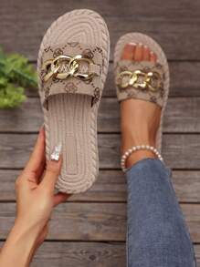 女士夏季凉鞋和拖鞋：绳底拖鞋、金属扣装饰拖鞋、度假风格凉鞋、舒适易穿的一脚蹬凉鞋、厚底沙滩凉鞋、印花家居拖鞋 - 卡其色 - 查看 2