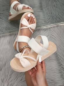 Women's Flat Sandals, Elastic Lace-Up Corn Pattern Velvet Strap Front And Back, Beige And Brown Color Casual Beach Slippers Slip-On Flat Mule Sandals, Khaki - Beige - View 1