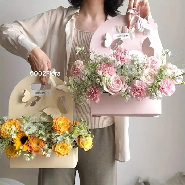 1pc/3pcs Mother's Day, Valentine's Day, Wedding, Women's Day, Teachers' Day Floral Handbag, Flower Basket, Paper Bow Flower Box, Flower Arranging Bag, Fresh Flower Packaging Gift Box
