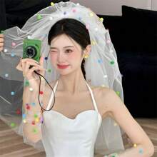 1 szt. ręcznie robiony welon z pomponami, welon z dopaminą dla panny młodej, propozycja rejestracji małżeństwa, kolorowa ozdoba na głowę z pomponami, uroczy styl, rekwizyt do zdjęć na przyjęciu urodzinowym, ozdoba na głowę z welonem z dopaminą do rejestracji ślubu, zestaw welonu i rękawiczek z pomponami