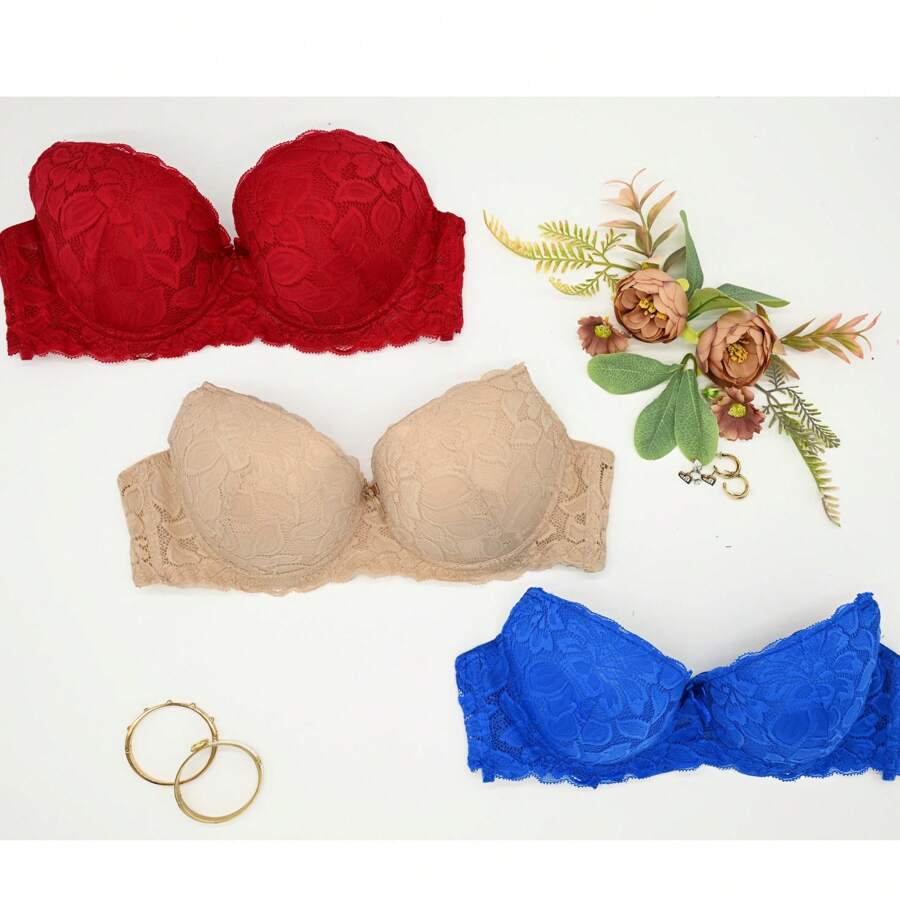 RITA SENSUAL FLORAL LACE BRA CUP B (3 PCS) - 米色 - 查看 1