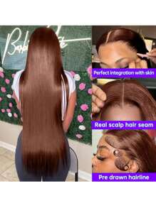 ZHENDEFA Invisi Strap 360 Full Lace Glueless Wig Chocolate Brown Colored Lace Frontal Wig 180 Density Straight Lace Front Human Hair Wig - Chocolate Brown - View 7