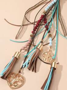 1 pieza Collar largo con borlas estilo bohemio, collar de país estilo boho multicolor de turquesa azul y rosa, accesorio de joyería de moda para mujer para vacaciones, fiesta de baile, cadena de suéter