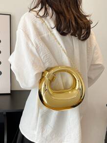 1-Piece Simple And Versatile High-Quality Acrylic Glossy Crescent Chain Crossbody Small Bag For Women, Suitable For Daily Shopping, Dating, Vacation, Work And Commuting, Women's Fashionable Shoulder Crossbody Bag - Gold - View 9