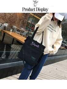 Customizable Name Embroidered Canvas Tote Bag, Suitable For Shopping, School, Student Supplies, Women High-End Diagonal Canvas Crossbody Bag, New Commuter Shoulder Tote Bag, School/Study Supplies Bag - Multicolor - View 11
