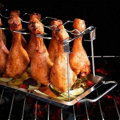 1PC Stainless Steel Chicken Leg And Wing Rack -14 Slots Foldable Vertical Barbecue Rack, Suitable For Grilling, Smoking, Baking, Perfect For Cooking Chicken Leg Accessories, Picnic Camping Barbecue Rack, Easy To Store Kitchen Accessories