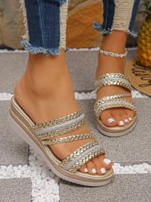 New Summer Fashionable & Elegant Gold PU Woven Strap Wedge Sandals, Women Outdoor Travel Versatile Thick-Sole Wedge Sandals - Gold - View 4