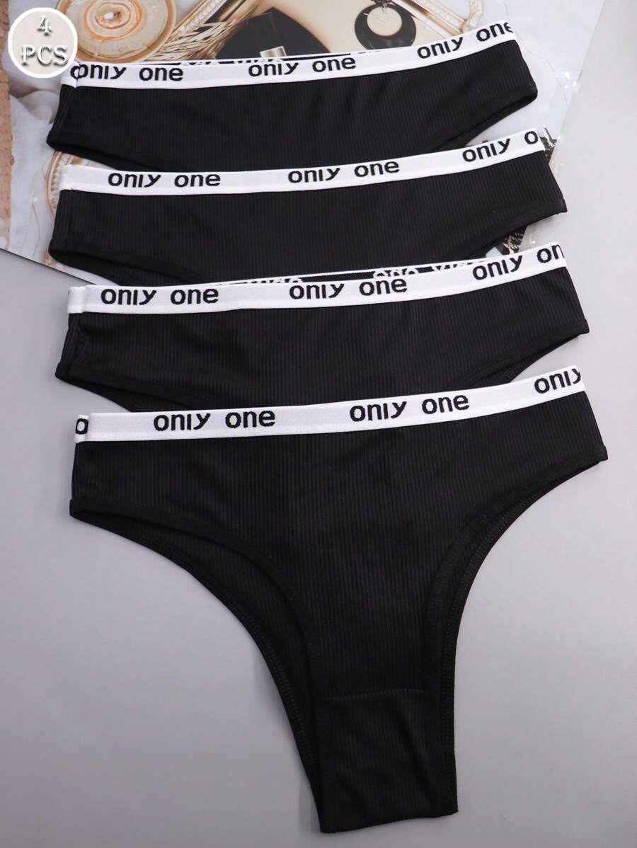 4 pezzi Mutande sportive a T alla moda da donna con fasce nere a righe e logo