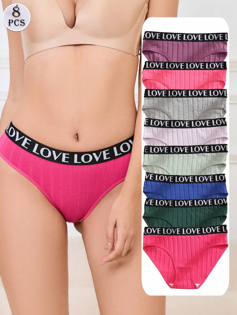 8件装女士低腰罗纹棉质三角内裤性感无缝三角裤字母腰带内衣舒适透气运动内衣 - 彩色 - 查看 1