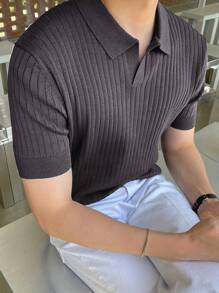 男士短袖针织 Polo 衫翻领竖条纹设计舒适柔软面料休闲日常穿着夏季时尚男装百搭时尚 Polo 衫 - 深灰色 - 查看 4