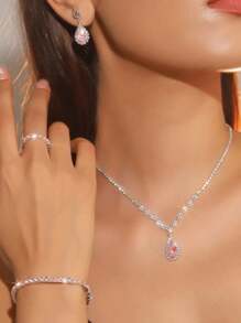 5 件水钻首饰套装包括耳环、戒指、手链、项链，柔和甜美的 Y2K 风格，适合新娘婚纱配饰 - 粉色 - 查看 2