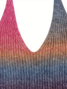 Womens Sexy Halter Knitted Skinny Dress Fashion Gradient Color Backless Short Dress - Morado - Ver 4