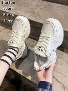 Women's Spring/Autumn New Sports Chunky Sneakers, Mesh Breathable Thick Sole Shallow Mouth Wedge Heel Casual Shoes, Lightweight Versatile Fashion Casual Shoes, Lace-Up White/Gray Sneakers, Suitable For All Seasons - White - View 8