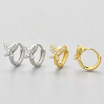 1 Pair 925 Sterling Silver Delicate Small Butterfly Hoop Earrings, Minimalist Design Suitable For Women's Daily Wear, Crystal Studded Earrings In Gift Box