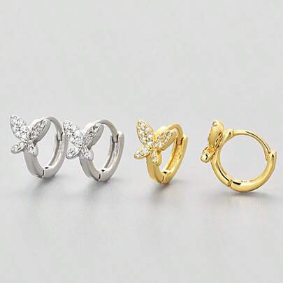 1 Pair 925 Sterling Silver Delicate Small Butterfly Hoop Earrings, Minimalist Design Suitable For Women's Daily Wear, Crystal Studded Earrings In Gift Box