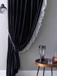 1 pieza Cortina premium de terciopelo negro con borde de encaje, elegante para villa, casa, sala de estar, decoración de dormitorio