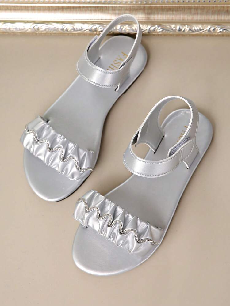 女士方头弹性水钻装饰平底软底一脚蹬凉鞋，百搭夏季拖鞋，防滑 - 銀色 - 查看 4