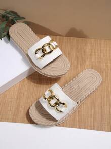 Sandalias de verano para mujer con suela de cuerda, cadena con hebilla de metal, estilo de vacaciones, cómodas con suela gruesa, estampado de playa, esencial para vacaciones - Blanco - Ver 6