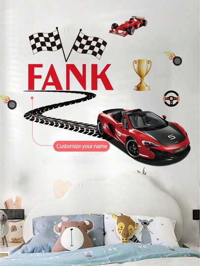 Personalized Name Wall Stickers – Space Astronaut & Racing Car Theme – Custom Kids Room Decor Back To School