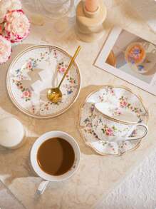 1pc French-Style Coffee Cup And Saucer Set, Ceramic Cup With Gold Trim, Vintage Ditsy Floral Pattern, Ideal For Afternoon Tea, Mug, Gift Back To School