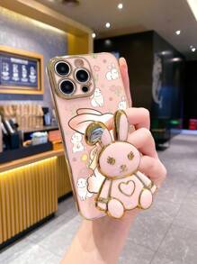 1 stuk hoogwaardig roze gegalvaniseerd telefoonhoesje, effen kleur, schattig konijnencartoon, opvouwbare standaard, volledig dekkende beschermhoes met standaard, compatibel met 16 Pro Max/ 11/ 13/ 15 Pro Max/Apple-serie, S24 Ultra/S23 Ultra/Galaxy A05S/A15 5G/Galaxy A54/serie, Redmi Note 13 4G/Redmi Note 13 Pro 4G/serie