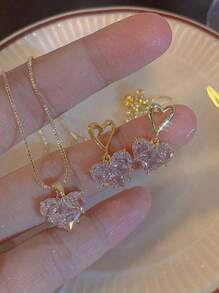 1 Set White Heart Cubic Zirconia Necklace And Earrings Set For Women, Suitable For Daily Wear, Valentine's Day, New Year Gift - White - View 2