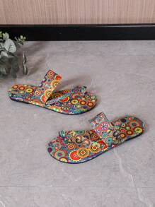 Women's Bohemian Style Sunflower Pattern Hook And Loop Design Flat Sandals, European & Fashion, Casual, Retro, Peep Toe