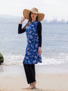 Set de 2 piezas Tankini de traje de baño con cobertura completa, de manga larga y pantalón largo, adecuado para la playa en verano