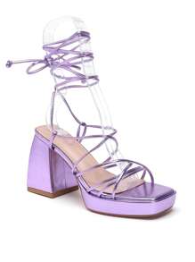 女士夏季时尚纯色系带高跟凉鞋时尚凉鞋女士夏季凉鞋